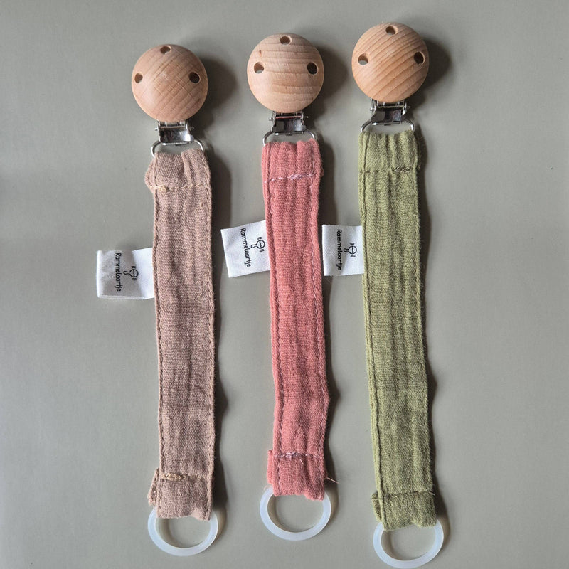 Pacifier Cord Made of Muslin Fabric with Wooden Attachment Clip – Army
