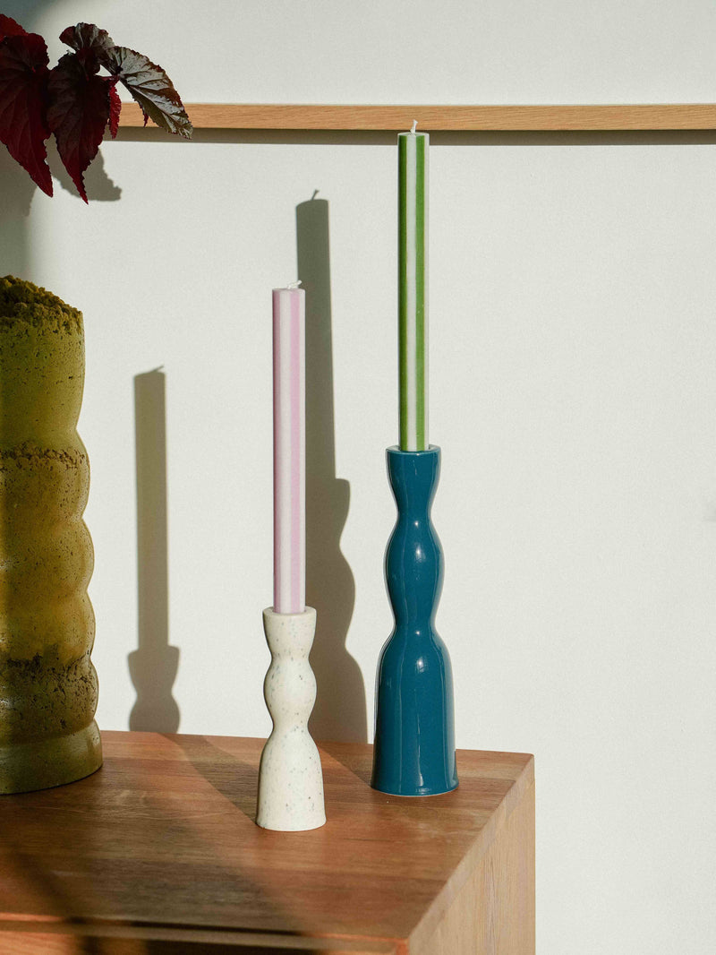 Stripe Dinner Candles : Moss Green / White