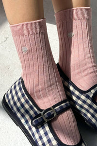Her Socks - Pink Soda + Embroidered Silver Seashell