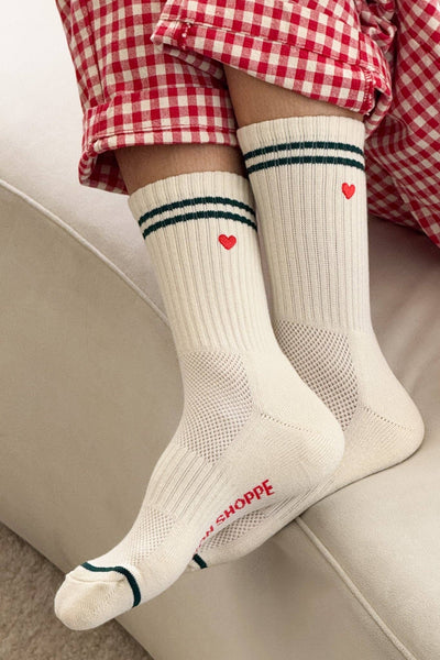 Embroidered Boyfriend Socks - Parchment & Heart