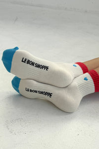 Embroidered Color Block Girlfriend Socks - Blue Red & Heart