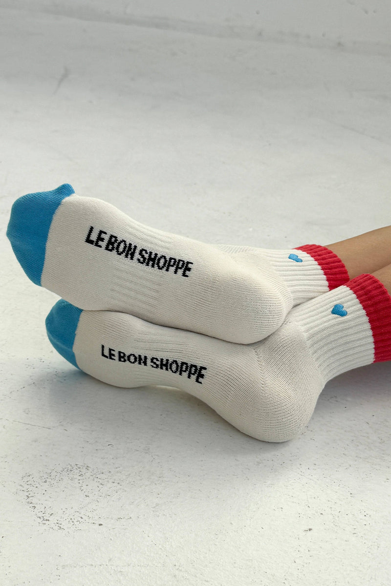 Embroidered Color Block Girlfriend Socks - Blue Red & Heart