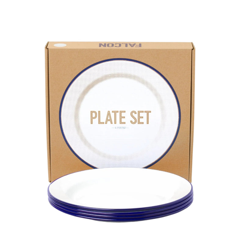 Set of 4 22 cm Plates - White with Blue Rim