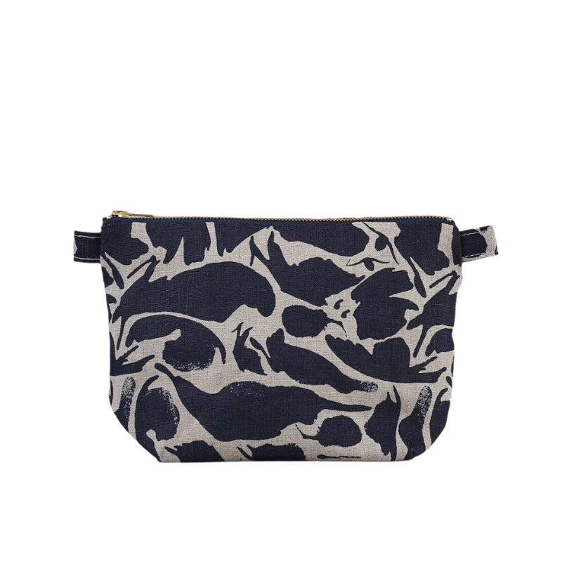 Toiletry Bag - 100% Linen: Printed Navy Creatures / Large