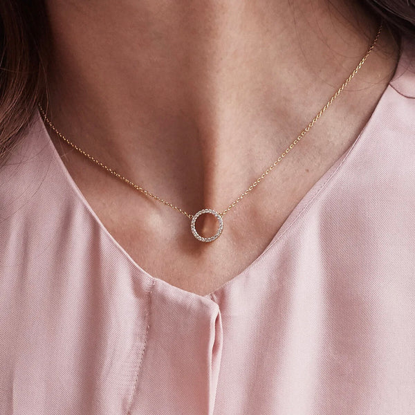 Pave Set Cz Circle Necklace - Gold