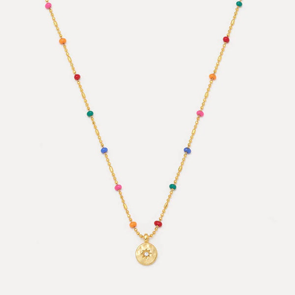 CZ Pendant Rainbow Beaded Necklace - Gold