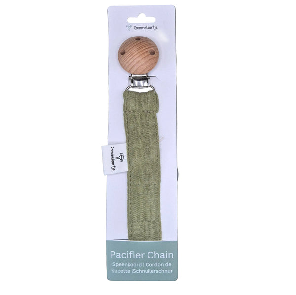 Pacifier Cord Made of Muslin Fabric with Wooden Attachment Clip – Army