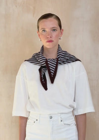 Merino Wool Triangle Scarf in Blue and Brown Stripes