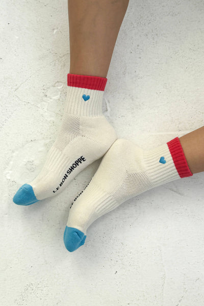 Embroidered Color Block Girlfriend Socks - Blue Red & Heart