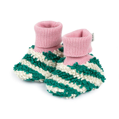 Cotton Knit Baby Slipper Socks: Boucle Striped Green