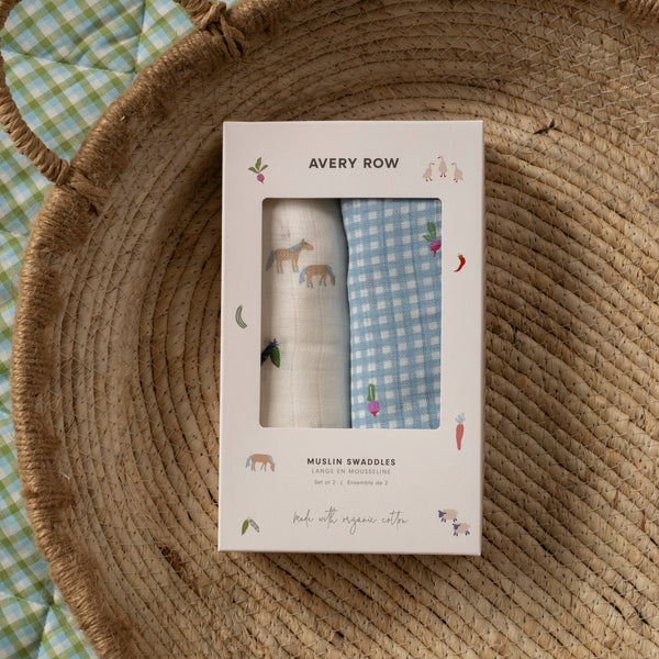 Organic Cotton Baby Muslin Swaddles Set of 2 - Little Farm/Radish