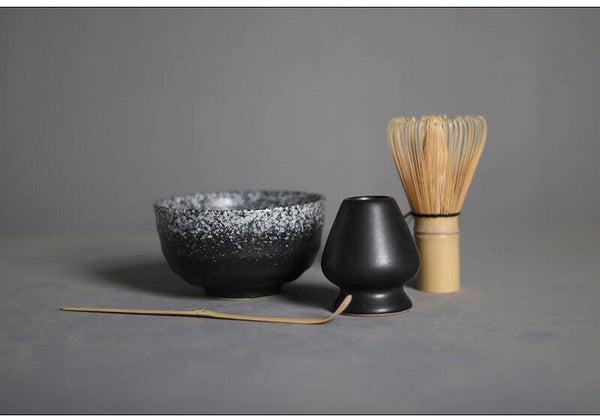 Ceramic Matcha Set with Bamboo Whisk - Speckled White on Black