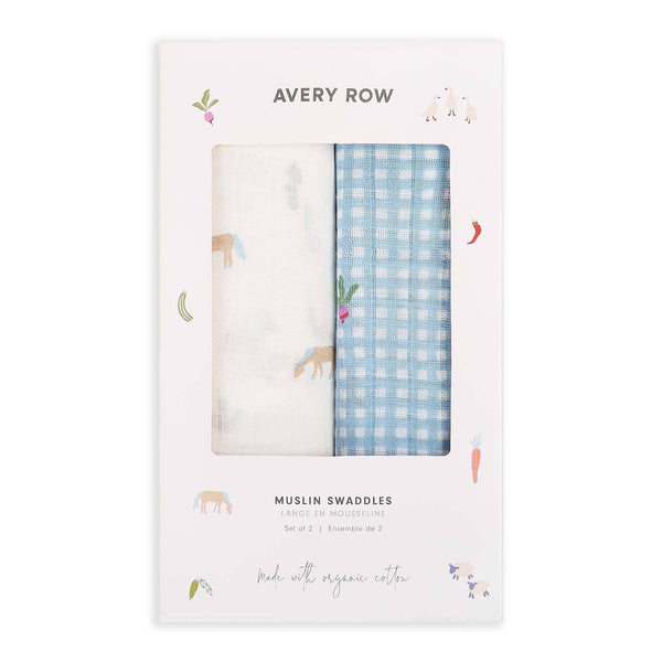 Organic Cotton Baby Muslin Swaddles Set of 2 - Little Farm/Radish