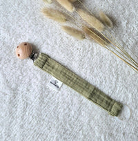Pacifier Cord Made of Muslin Fabric with Wooden Attachment Clip – Army