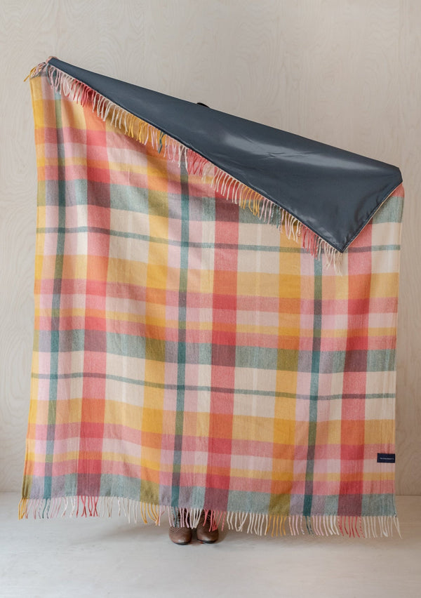 Recycled Wool Picnic Blanket - Wildflower Patchwork check - Navy Recycled Handle