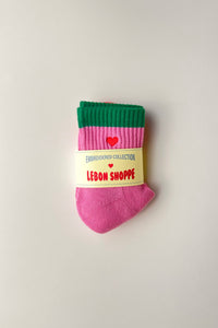 Embroidered Colour Block Girlfriend Socks - Rose Green & Heart