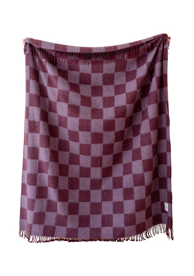 Recycled Wool Blanket in Burgundy & Lilac Checkeredboard
