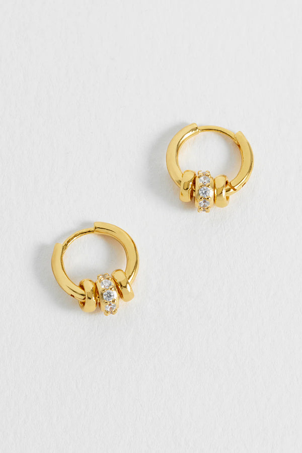 Gold Triple Disc Cubic Zirconia Hoop Earrings