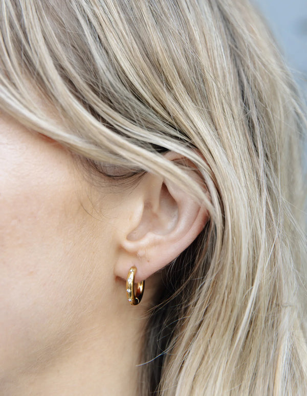 Small Stone Embossed Hoop Earrings - Gold