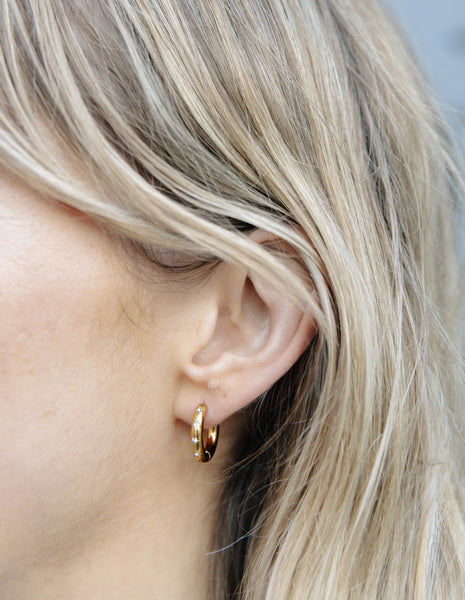 Small Stone Embossed Hoop Earrings - Gold