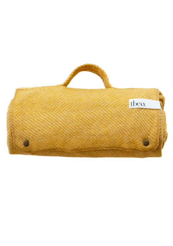 Recycled Wool Small Picnic Blanket in Golden Herringbone