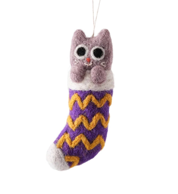 Viv, Cat in Purple Stocking Hanging Felt Decoration