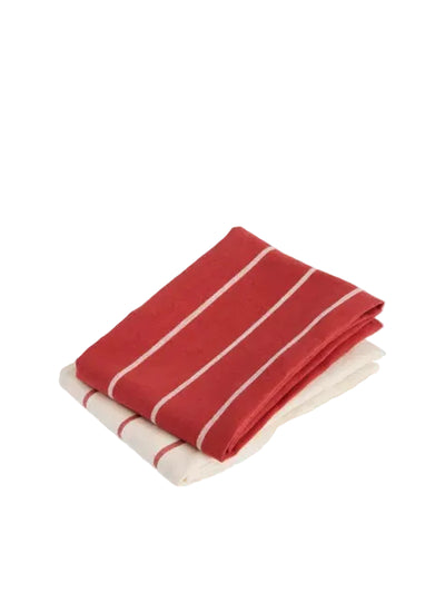 Outdoor Market Tea Towel - Set Of 2 - Red With Beige Stripe