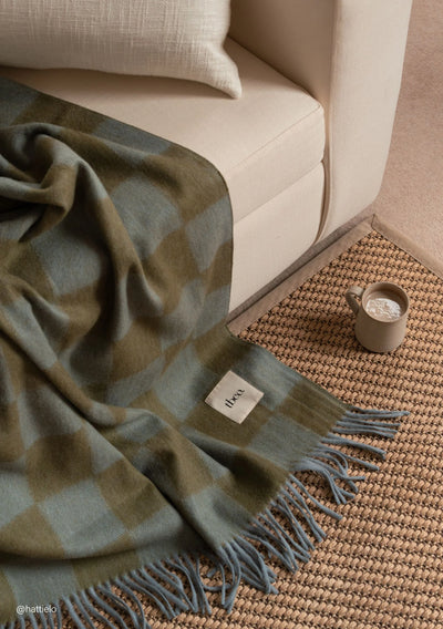 Recycled Wool Blanket in Blue and Green Checkerboard
