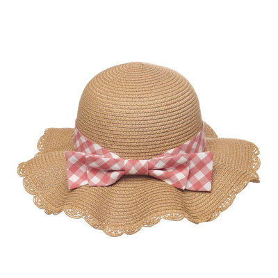 Gingham Bow Scalloped Straw Sun Hat - 7-10 Years