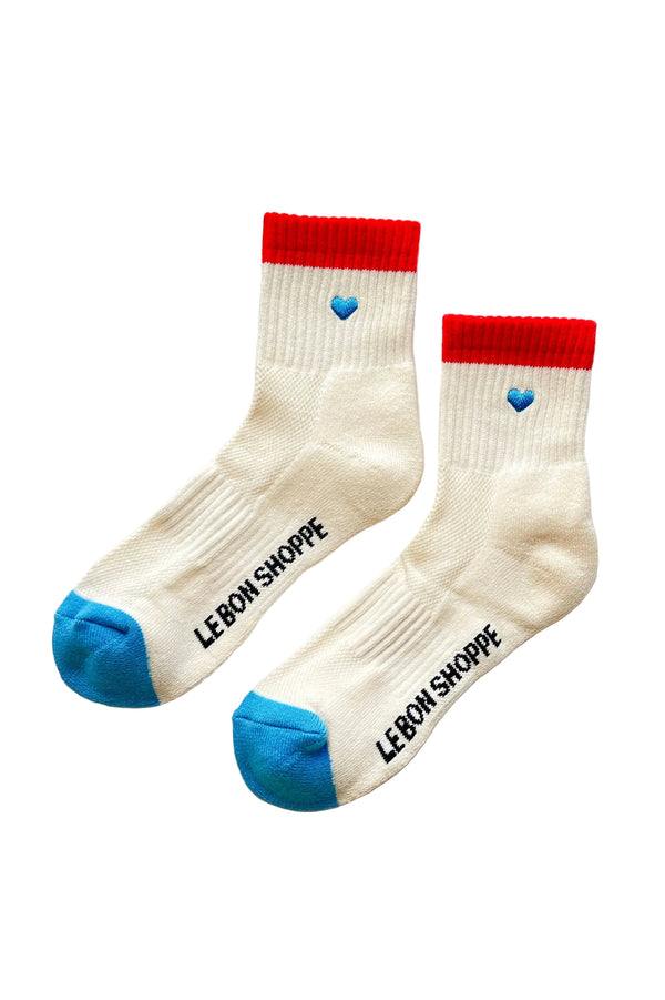 Embroidered Color Block Girlfriend Socks - Blue Red & Heart
