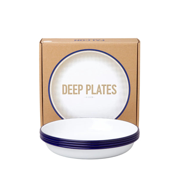 Deep Plate Set - White with Blue Rim