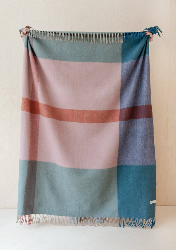 Recycled Wool Blanket in Teal Herringbone Offset Check
