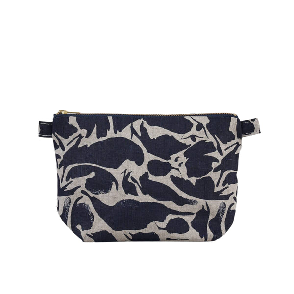 Toiletry Bag - 100% Linen: Printed Navy Creatures / Large