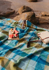 TBCo - Recycled Wool Picnic Blanket - Teal Patchwork Check- Navy Recycled Handle