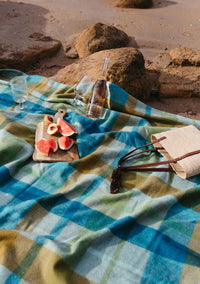Recycled Wool Picnic Blanket in Teal Patchwork Check (Navy Recycled Handle)
