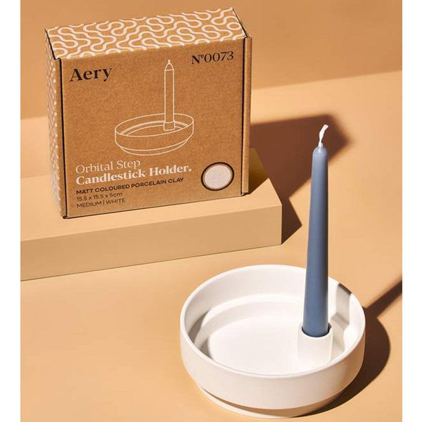 Aery - White Orbital Step Candle Holder in Matte Clay (Medium)